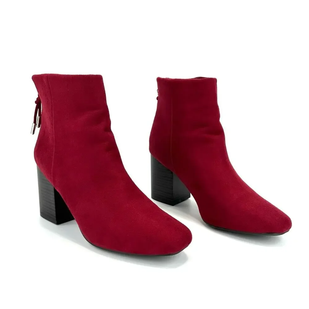 Journee Collection Red Block Heel Ankle Boot Size 7.5 Faux Suede Round Toe New
